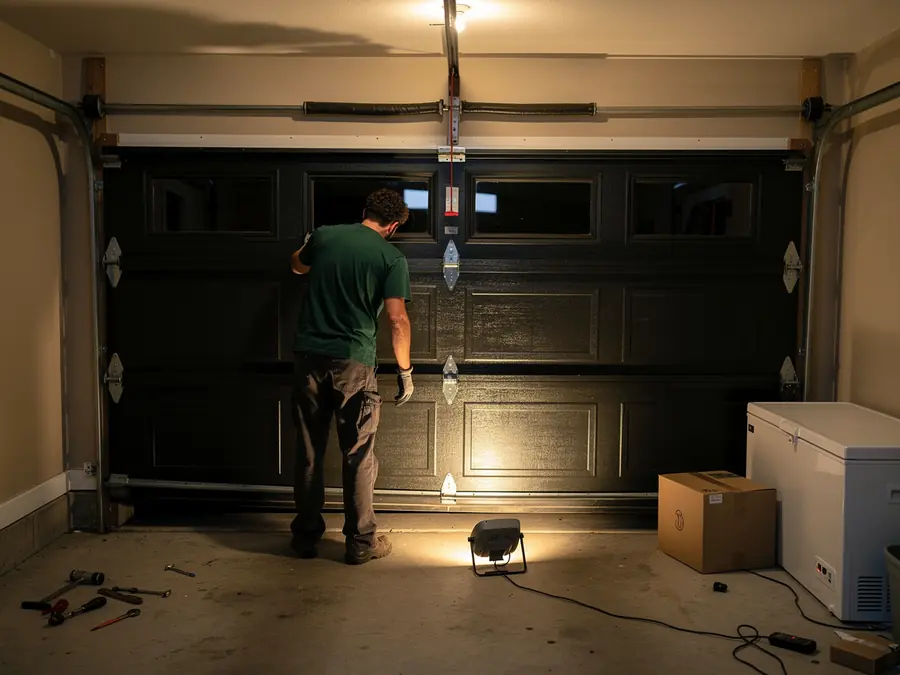 A technician works on a dark garage door with windows, illuminated by a floor light.