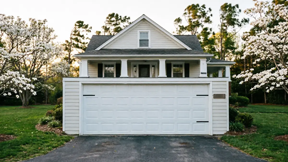A white house with a two-car garage and a blooming dogwood tree.