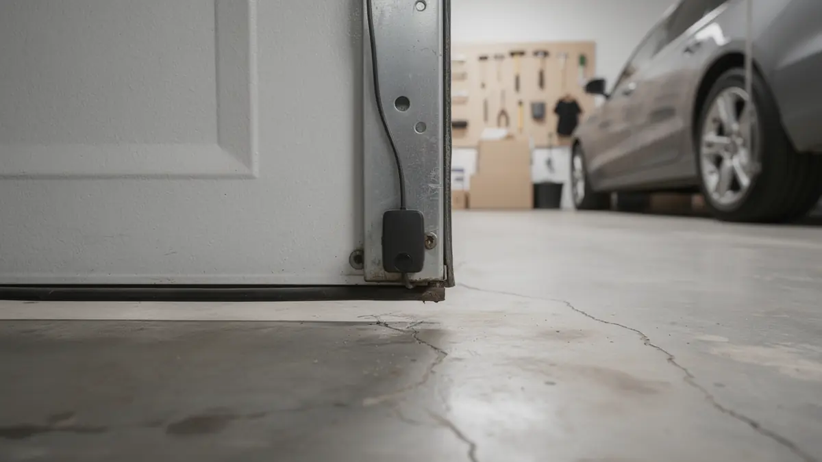 A white garage door with a sensor attached to the bottom.