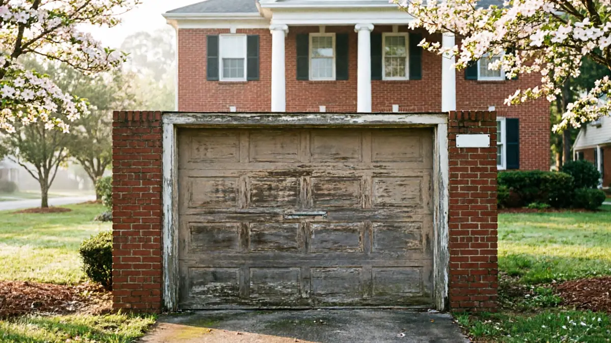 The old wooden garage door has peeling paint and is set in a brick frame.