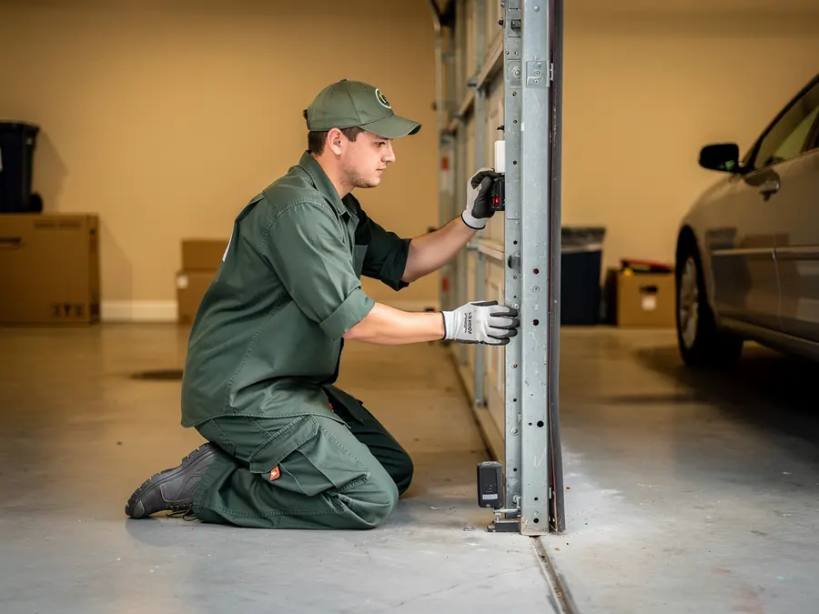 A technician in a green uniform kneels, adjusting a garage door sensor.
