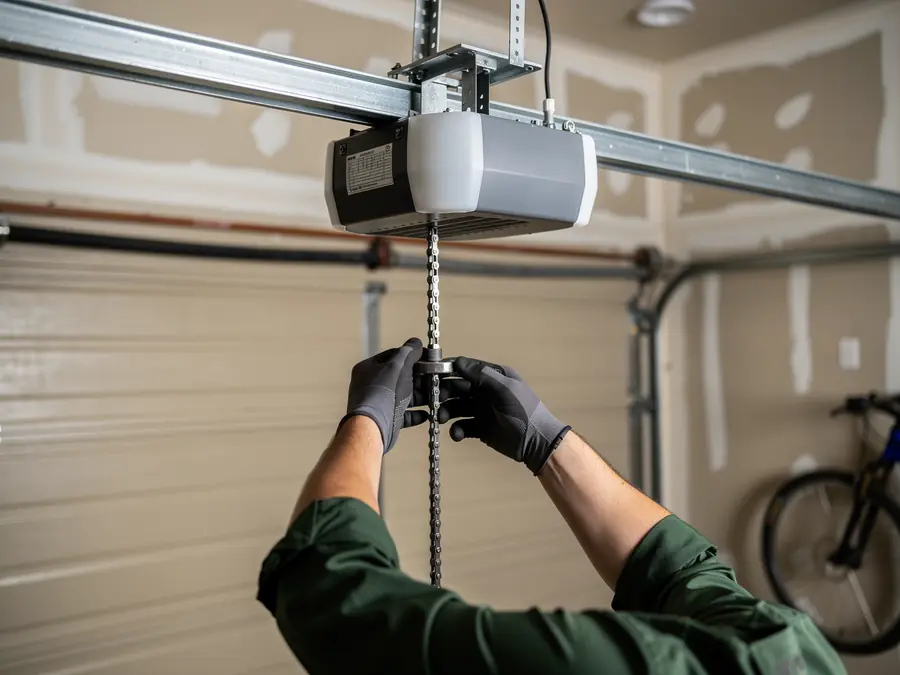 A technician in gloves adjusts a garage door opener chain.