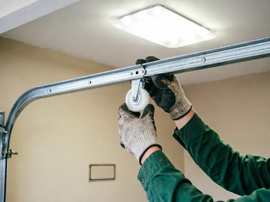 A technician wearing gloves installs a roller into a garage door track.
