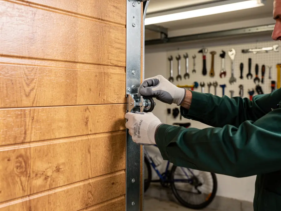 A technician in a green uniform and gloves adjusts a garage door roller.
