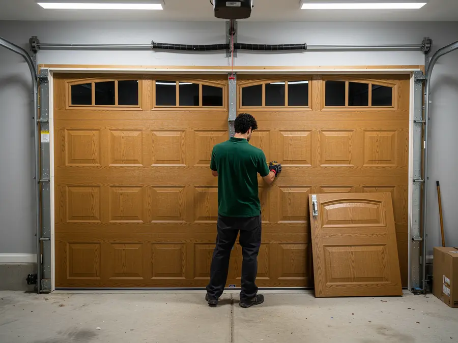 A technician installs a brown garage door with windows, with one panel on the floor.