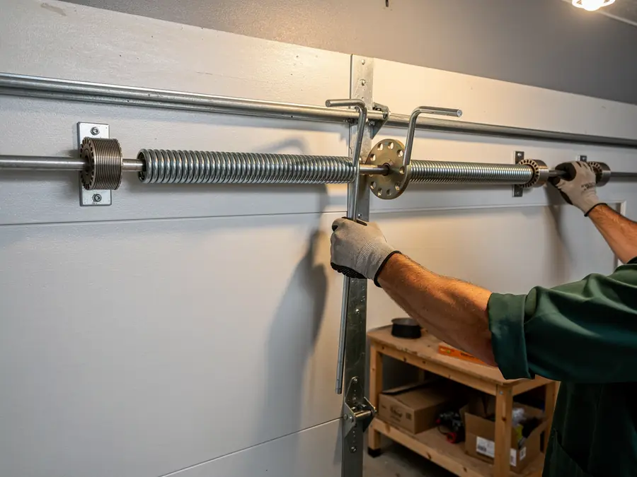 A technician adjusts a torsion spring system on a white garage door.