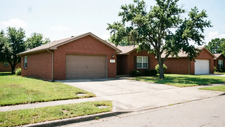 A brown garage door on a red brick house with a green lawn and trees.
