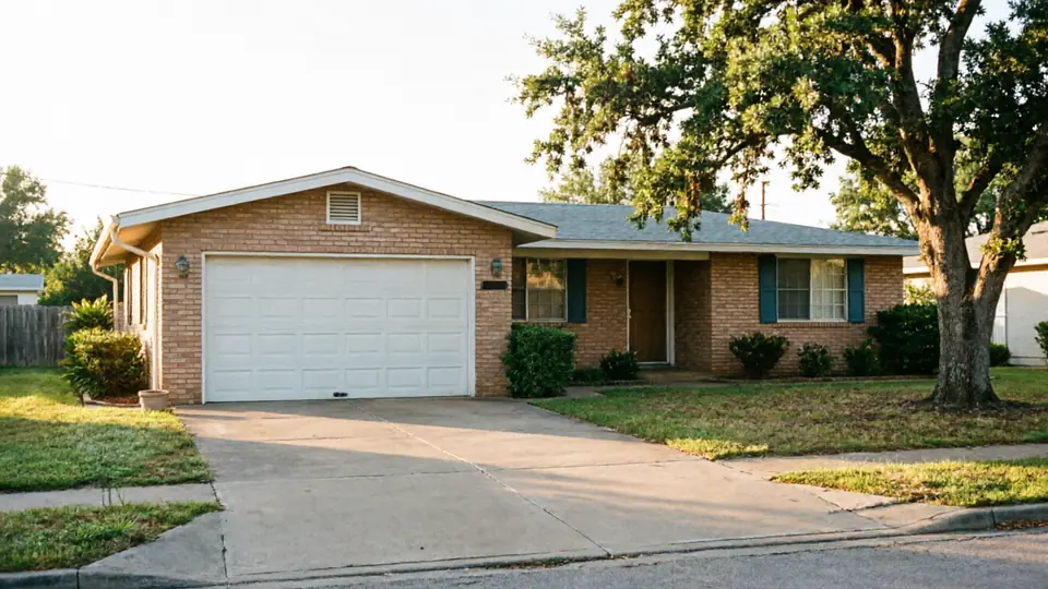 A brick house with a white garage door and a large tree in the front yard.